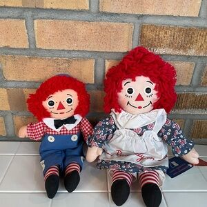 Vintage Raggedy Ann and Andy Plush Dolls - Red and Blue Applause and Playskool